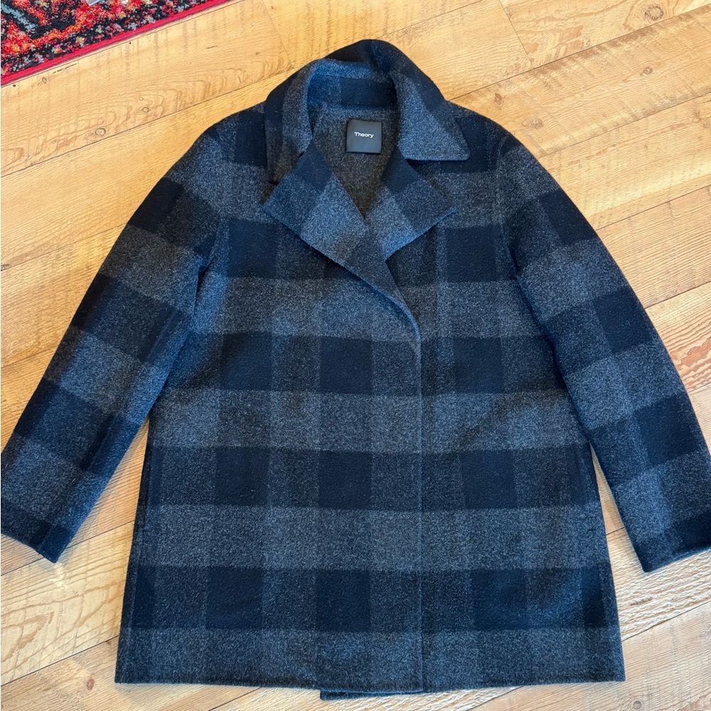 Theory Women's Charcoal and Black Checkered Pea Coat - Picture 2 of 4